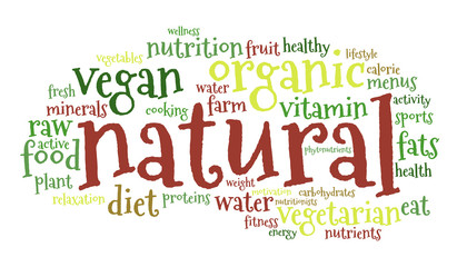 Natural word cloud on white background. Healthy food concept.