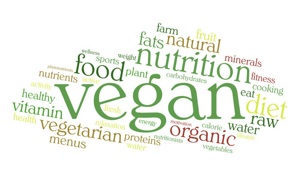 Vegan word cloud on white background. Healthy food concept. Vector.