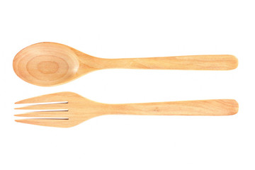 Wooden spoon and fork isolated on white background