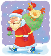 New 2017 Year. Christmas. Greeting card. Cute funny Santa in sneakers walking with a bag full of Christmas gifts. Coloring book. Coloring page. Funny cartoon characters. Year of rooster