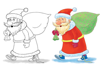 New 2017 Year. Christmas. Greeting card. Cute funny Santa in sneakers walking with a bag full of Christmas gifts. Coloring book. Coloring page. Funny cartoon characters.