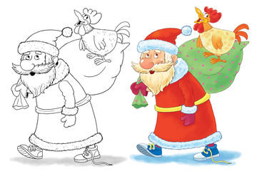 New 2017 Year. Christmas. Greeting card. Cute funny Santa in sneakers walking with a bag full of Christmas gifts. Coloring book. Coloring page. Funny cartoon characters. Year of rooster