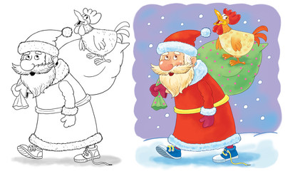 New 2017 Year. Christmas. Greeting card. Cute funny Santa in sneakers walking with a bag full of Christmas gifts. Coloring book. Coloring page. Funny cartoon characters. Year of rooster
