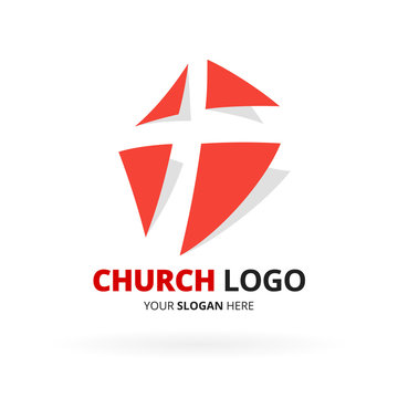 Christian church logo design with with red cross icon design isolated on white background. Vector illustration.