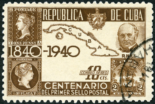 CUBA - 1939: shows Sir Rowland Hill (1795-1879), Map of Cuba