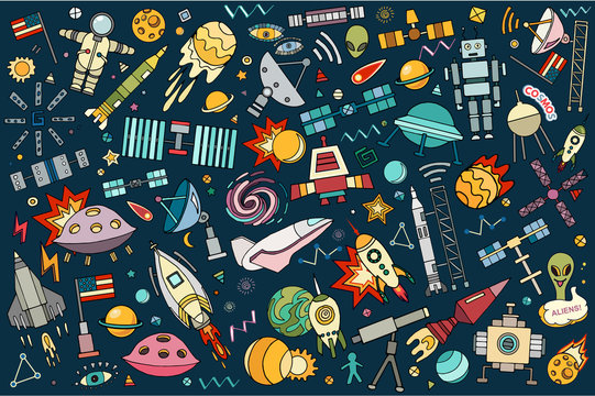 Vector abstract illustration of space. Solar system. Moon, astronaut, planet, rocket, earth, cosmonaut comet universe orbit Technology Hand drawn comic