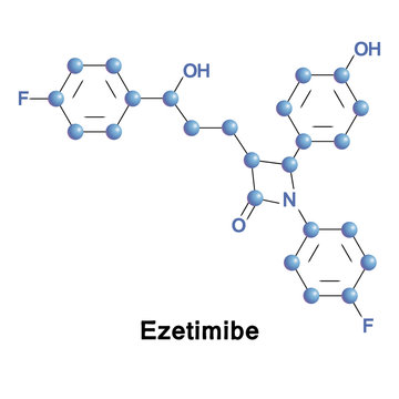 Ezetimibe is a drug that lowers plasma cholesterol levels. It acts by decreasing cholesterol absorption in the small intestine. Vector medical illustration.