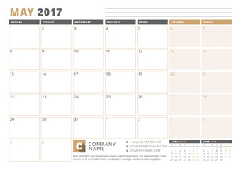 Calendar Template for 2017 Year. May. Business Planner 2017 Template. Stationery Design. Week starts Monday. 3 Months on the Page. Vector Illustration