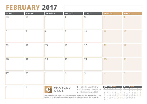 Calendar Template for 2017 Year. February. Business Planner 2017 Template. Stationery Design. Week starts Monday. 3 Months on the Page. Vector Illustration