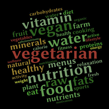 Vegetarian word cloud. Healthy food concept. Vector. Black background.