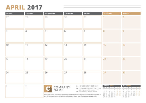 Calendar Template for 2017 Year. April. Business Planner 2017 Template. Stationery Design. Week starts Monday. 3 Months on the Page. Vector Illustration