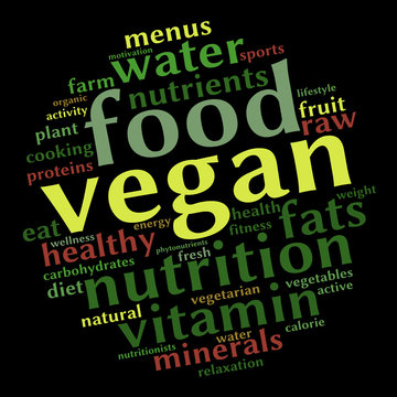 Vegan word cloud. Healthy food concept. Vector. Black background.