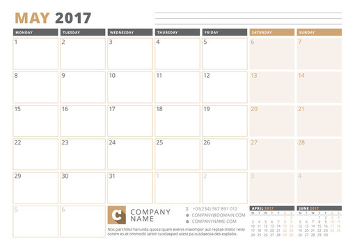 Calendar Template for 2017 Year. May. Business Planner 2017 Template. Stationery Design. Week starts Monday. 3 Months on the Page. Vector Illustration