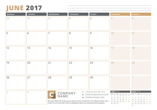 Calendar Template for 2017 Year. June. Business Planner 2017 Template. Stationery Design. Week starts Monday. 3 Months on the Page. Vector Illustration