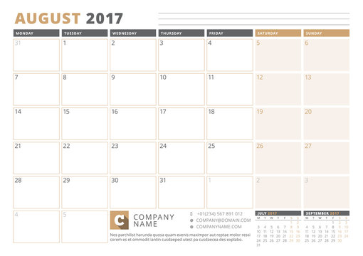 Calendar Template for 2017 Year. August. Business Planner 2017 Template. Stationery Design. Week starts Monday. 3 Months on the Page. Vector Illustration