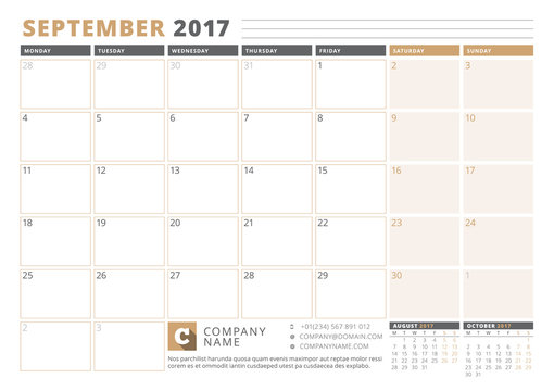 Calendar Template for 2017 Year. September. Business Planner 2017 Template. Stationery Design. Week starts Monday. 3 Months on the Page. Vector Illustration