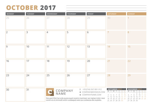 Calendar Template for 2017 Year. October. Business Planner 2017 Template. Stationery Design. Week starts Monday. 3 Months on the Page. Vector Illustration