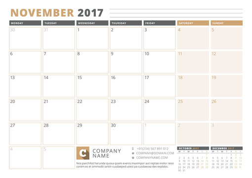 Calendar Template for 2017 Year. November. Business Planner 2017 Template. Stationery Design. Week starts Monday. 3 Months on the Page. Vector Illustration