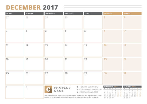 Calendar Template for 2017 Year. December. Business Planner 2017 Template. Stationery Design. Week starts Monday. 3 Months on the Page. Vector Illustration