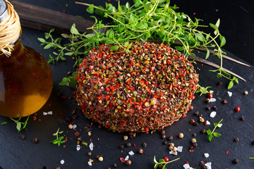 Raw peppered ground beef meat cutlets for burgers