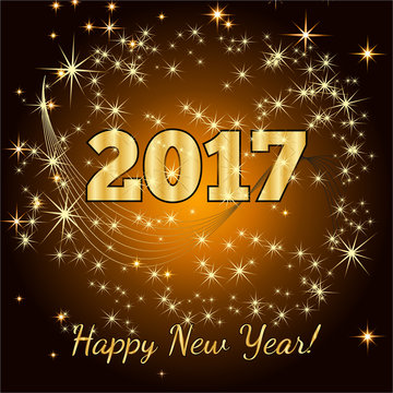 Gold glitter Happy New Year 2017 background. Vector background.Glittering texture. Sparkles with frame. Design element for festive banner, card, invitation. Greeting illustration for Xmas.