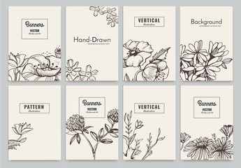 Set of Isolated creative template cards with flowers. Hand drawn vintage elements. Vector banners for card, poster, invitation, flyer, party, wedding, brochure. Flower design collection