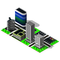 3d map elements. Scheme includes glass building, business center, offices and road markings. Isometric city.