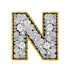 Hand drawn floral alphabet design. Gold glittering contour. Letter N. Vector EPS8 illustration.
