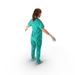 Femal nurse or surgeon wearing a sterile green suit on white. 3D illustration