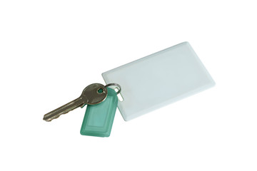 key with a blank tag and key card, hotel key card on white backg