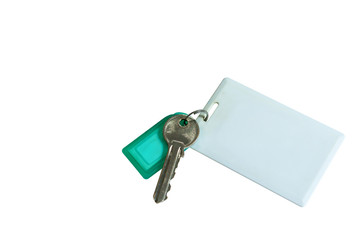 key with a blank tag and key card, hotel key card on white backg