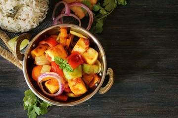 Kadai Paneer served with rice and Bhatura