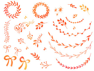 Collection of hand drawn doodle design elements with watercolor texture isolated on white background. Set of autumn handdrawn borders, laurel wreaths, floral dividers, ribbon, bow. Vector illustration