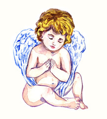 Innocent angel praying, hand painted watercolor illustration
