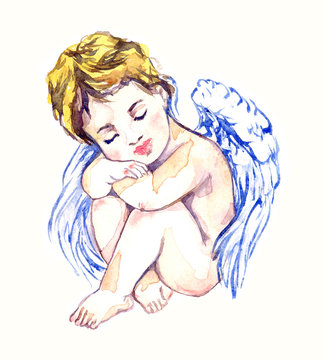 Innocent angel dreaming, hand painted watercolor illustration