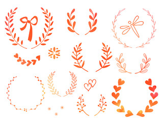 Collection of hand drawn doodle design elements with watercolor texture isolated on white background. Set of autumn handdrawn dragonfly, laurel wreaths, floral dividers, ribbon. Vector illustration.