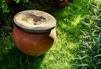 The clay water jar with wooden cover in freshness of backyard green grass and flowers  shaded by afternoon sunlight.