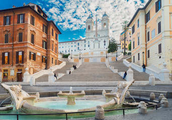 famous Spanish Steps with fountain, Rome, Italy - obrazy, fototapety, plakaty