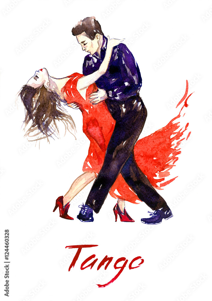 Wall mural Passionate couple dancing tango, hand painted watercolor illustration