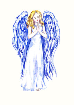 Innocent beautiful angel praying, hand painted watercolor illustration