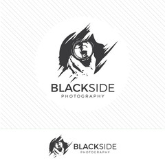 abstract silhouette photography logo. Vintage style camera icon vector with photographer holding a lens.