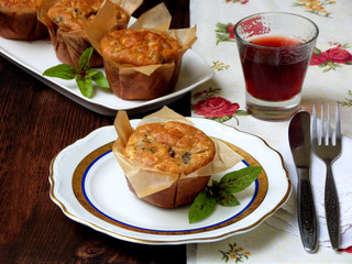 savory snack salted cheese muffins with basil and mushroom. homemade baking