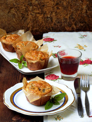 savory snack salted cheese muffins with basil and mushroom. homemade baking