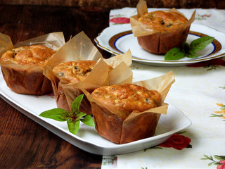 savory snack salted cheese muffins with basil and mushroom. homemade baking