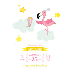 Fototapeta premium Baby Shower or Arrival Card - Baby Flamingo Girl Catching Stars