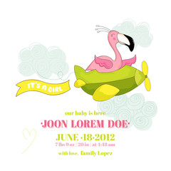 Baby Shower or Arrival Card - Baby Flamingo Girl Flying on a Plane