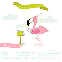 Baby Shower or Arrival Card - Baby Flamingo Girl Sending Mail - in vector