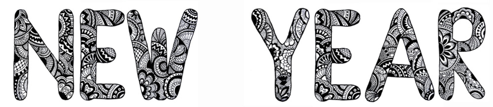 black and white inscription New Year in style with floral dudling tangle