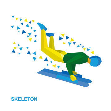 Winter sports - skeleton. Cartoon sportsman in yellow and green jump on sled (bobsled). Flat style vector clip art isolated on white background
