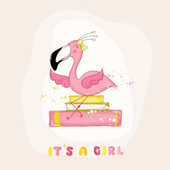 Baby Shower or Arrival Card - Baby Flamingo Girl Sitting on Book